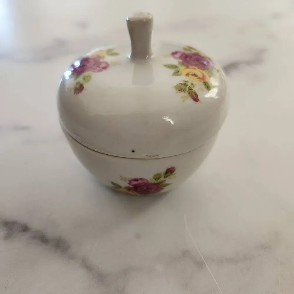 Vintage apple ceramic floral trinket box cream porcelain round with lid jewelry